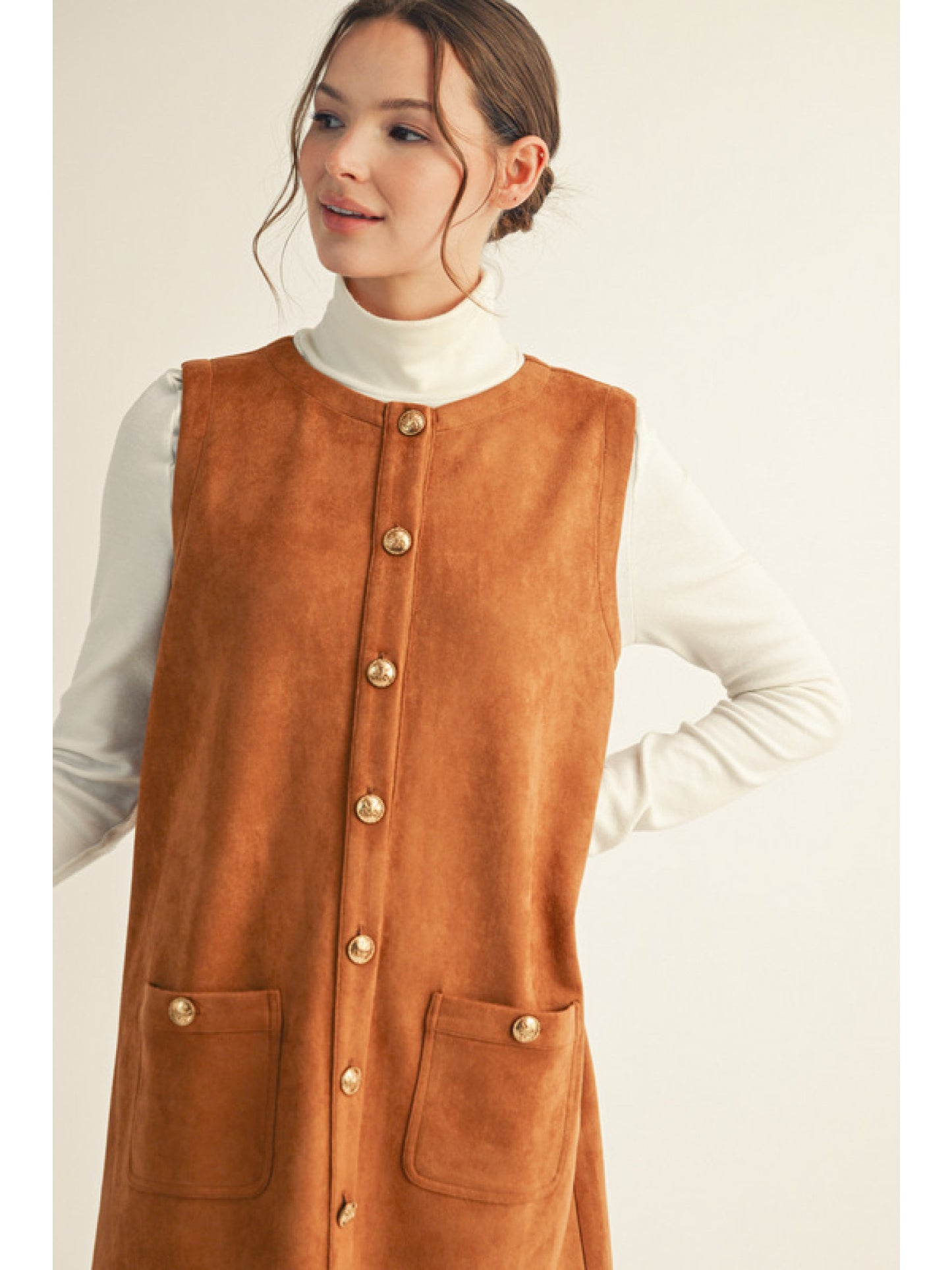 Sleeveless suede button-down dress