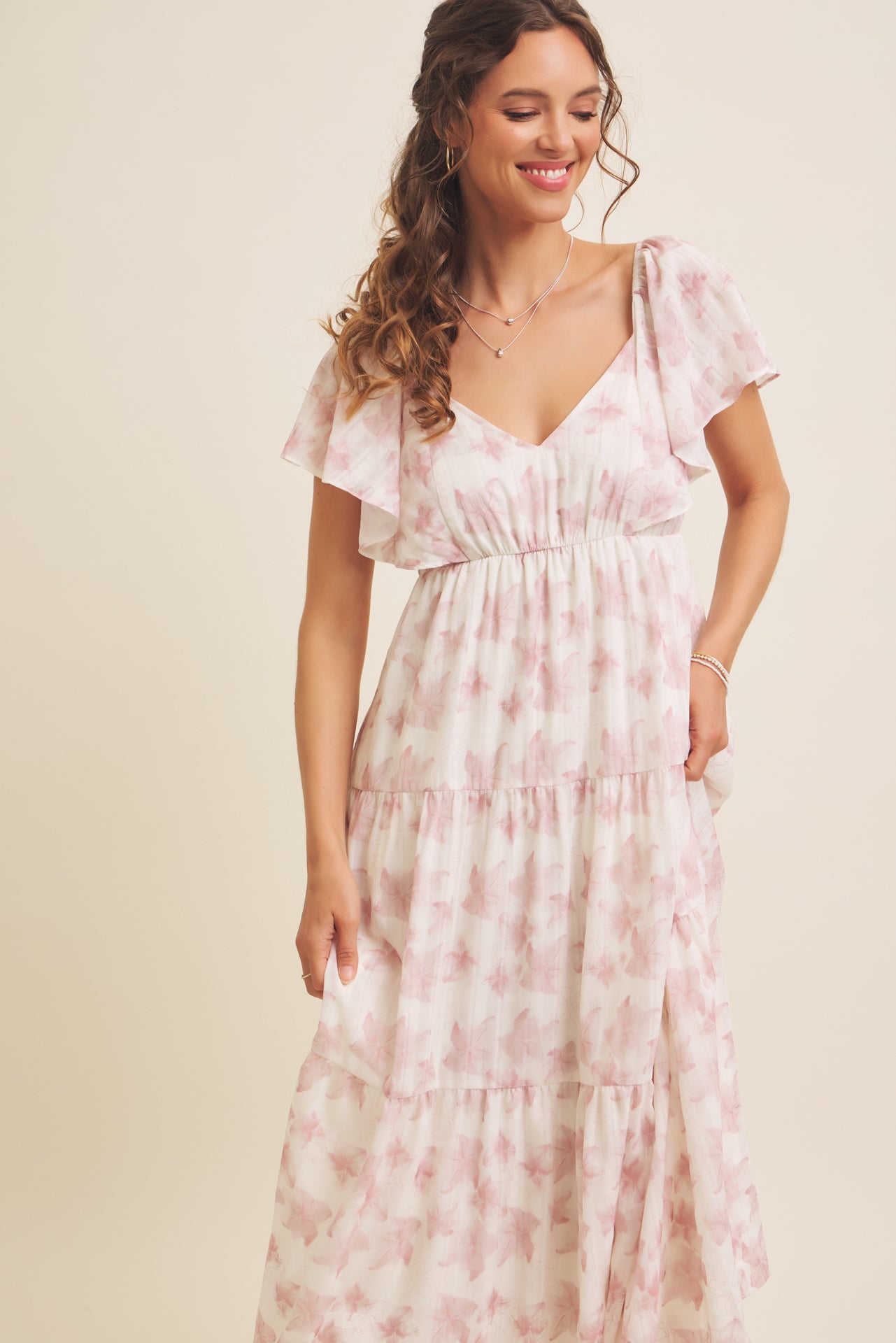 Romantic Floral Dress Flutter Sleeve