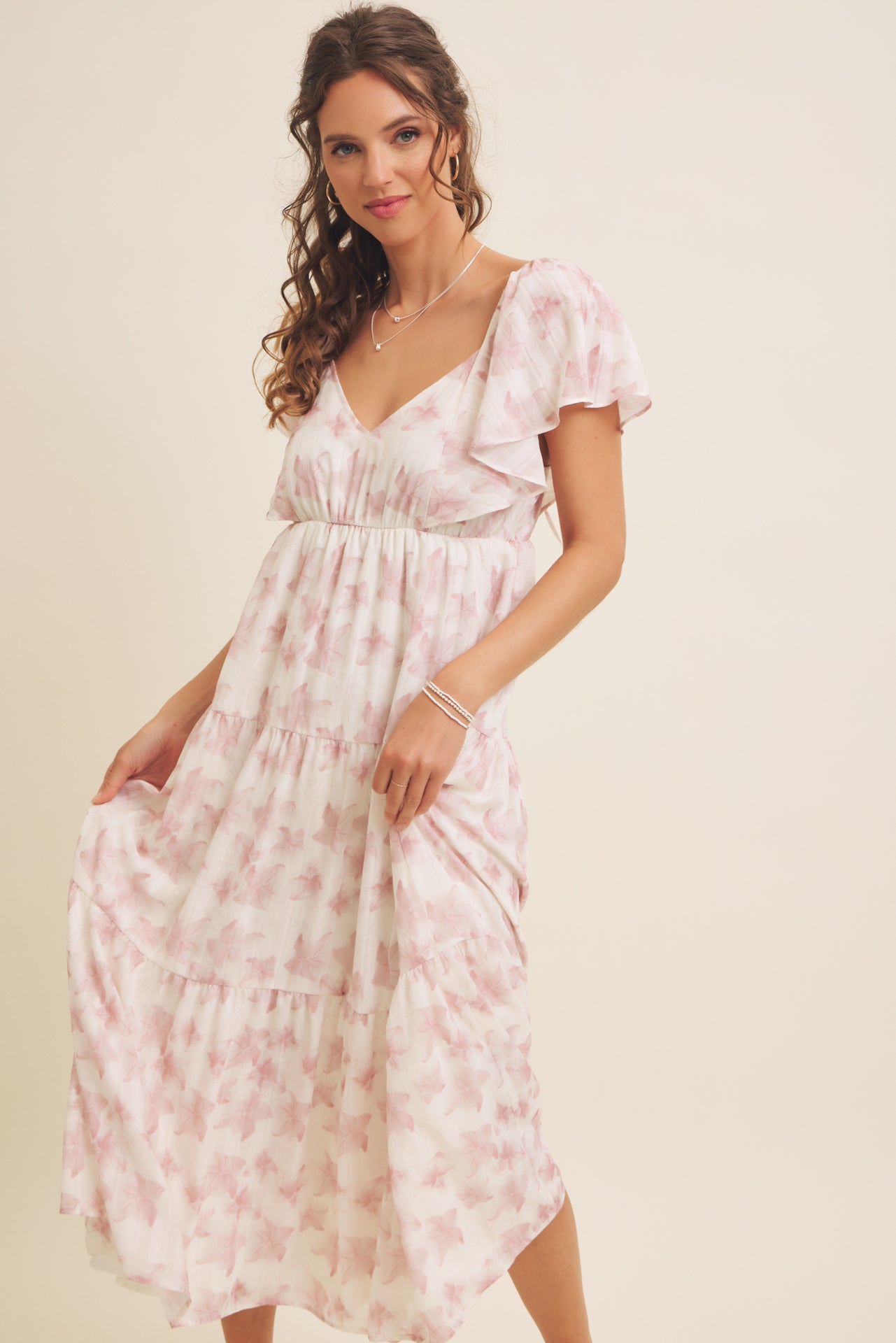 Romantic Floral Dress Flutter Sleeve