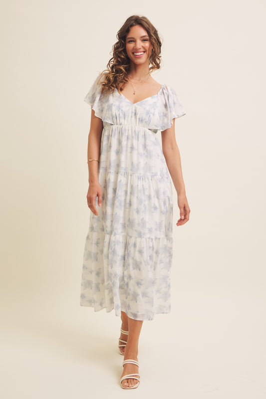 Romantic Floral Dress Flutter Sleeve