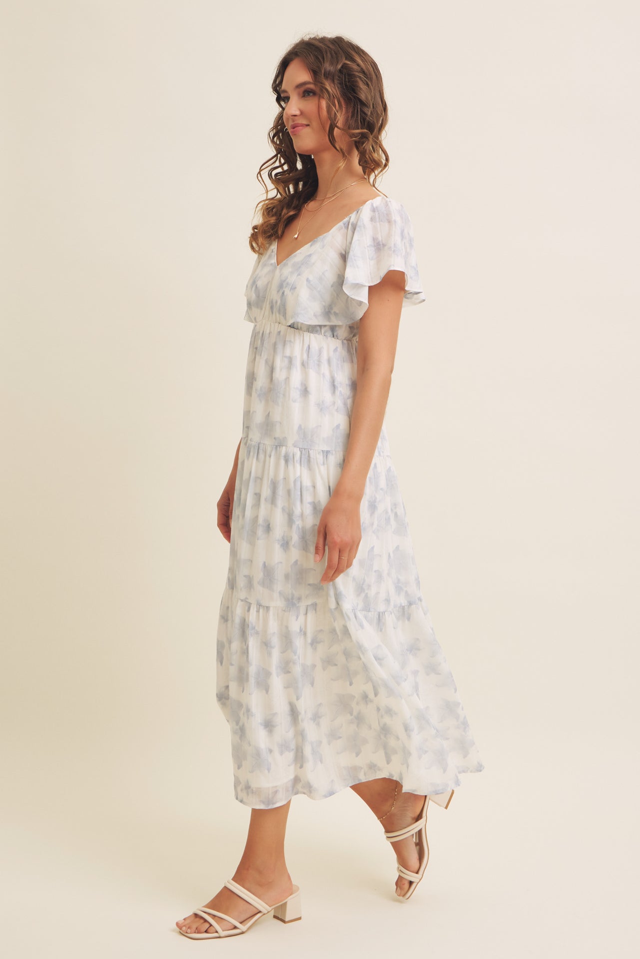 Romantic Floral Dress Flutter Sleeve