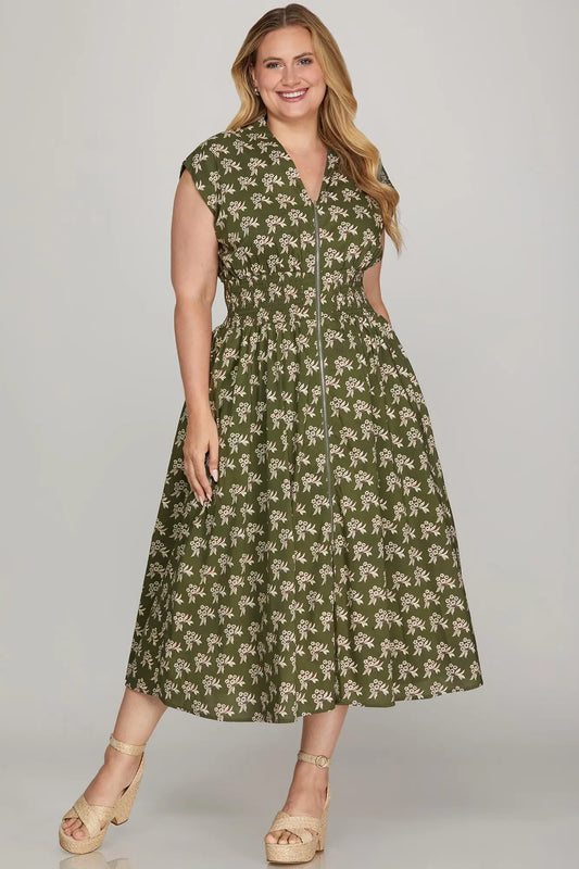 Plus Olive Floral Zip-Front Midi Dress