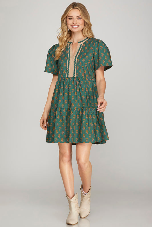 Southern Charm Tiered Mini Dress – Green Floral