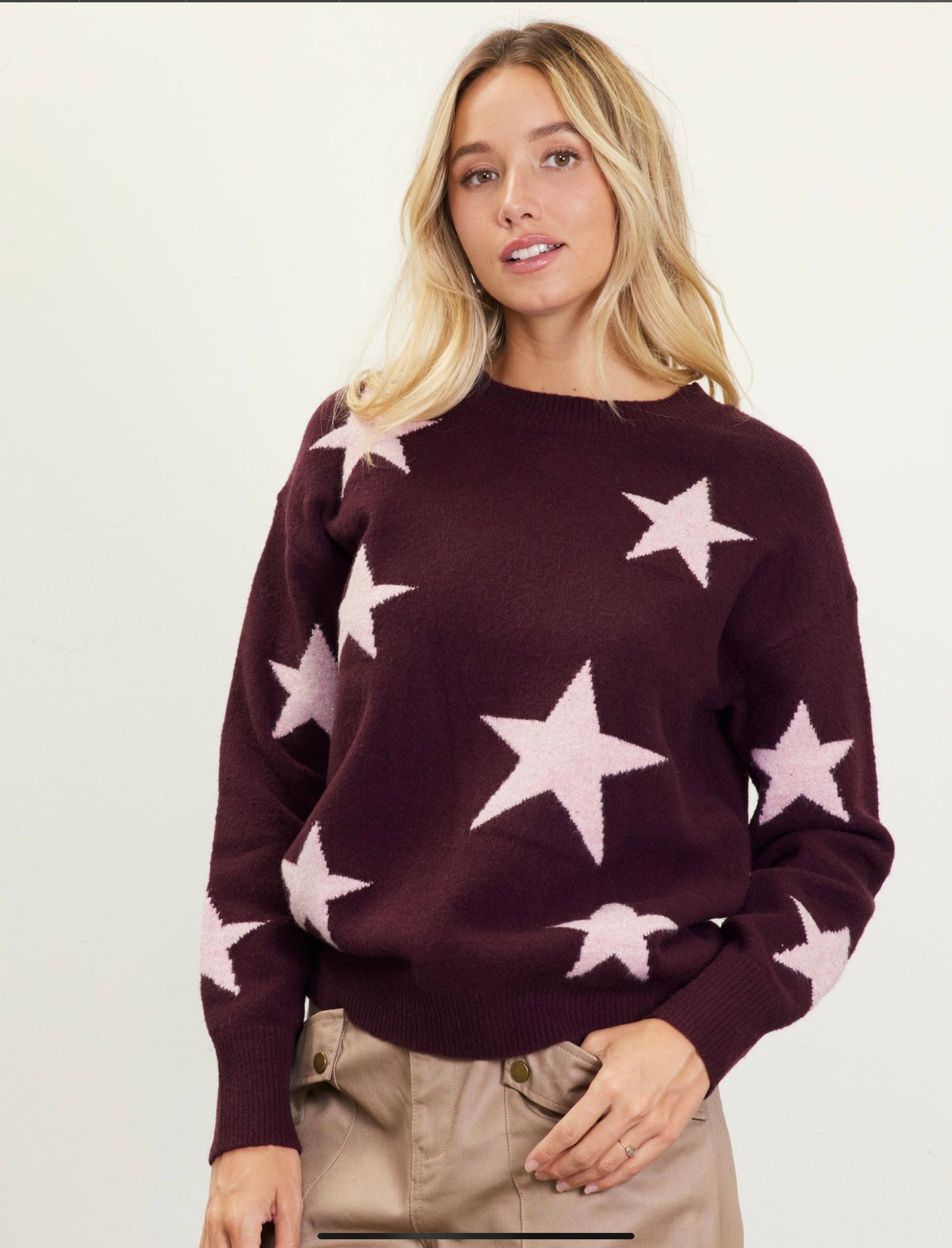 LONG SLEEVE LUREX STAR PATTERN KNIT SWEATER