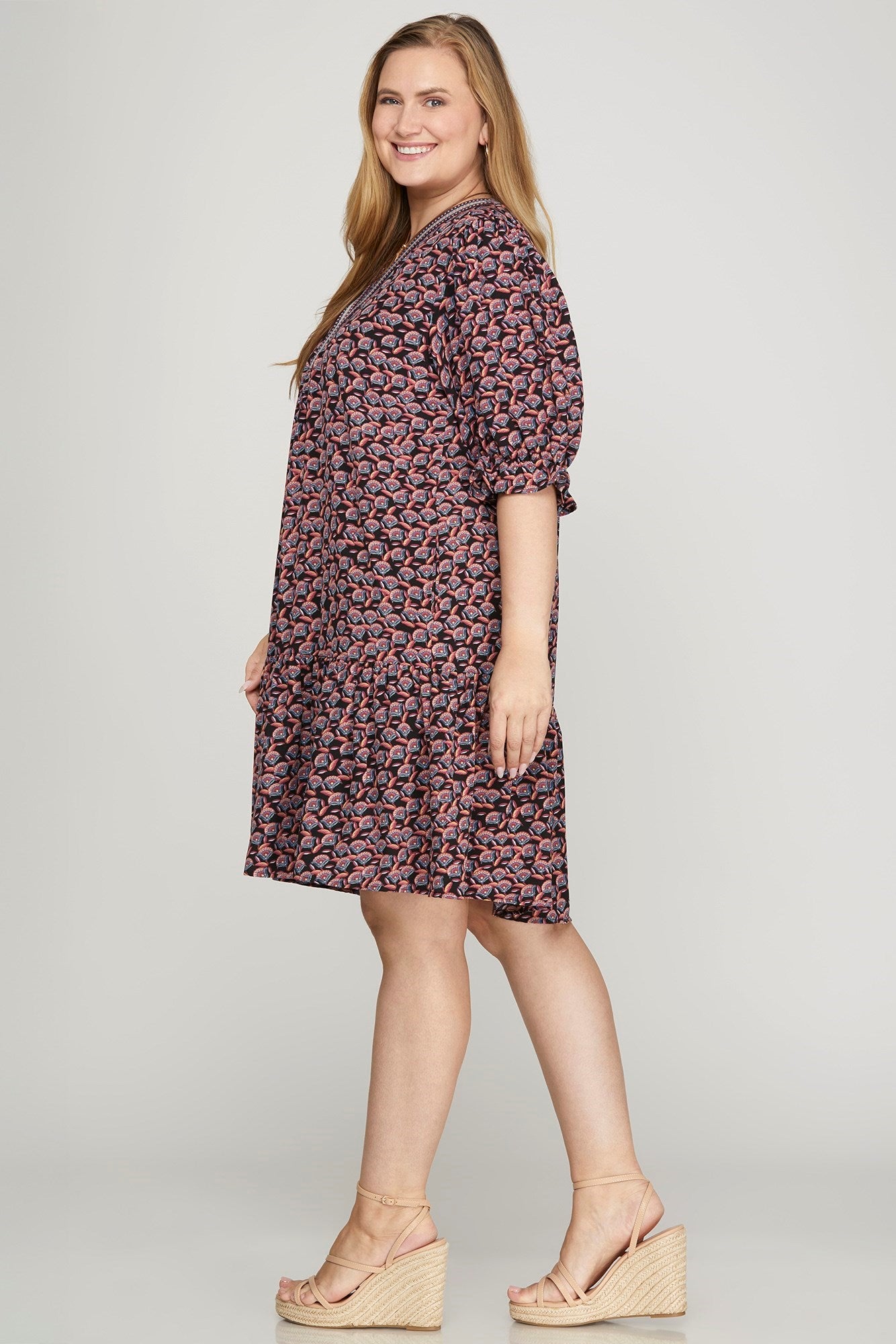 Boho-Chic Printed Babydoll Dress with Pockets