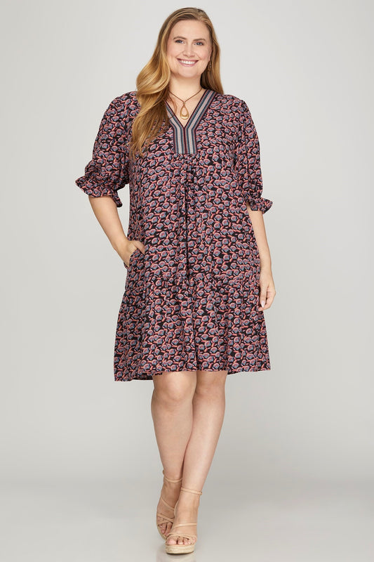 Boho-Chic Printed Babydoll Dress with Pockets