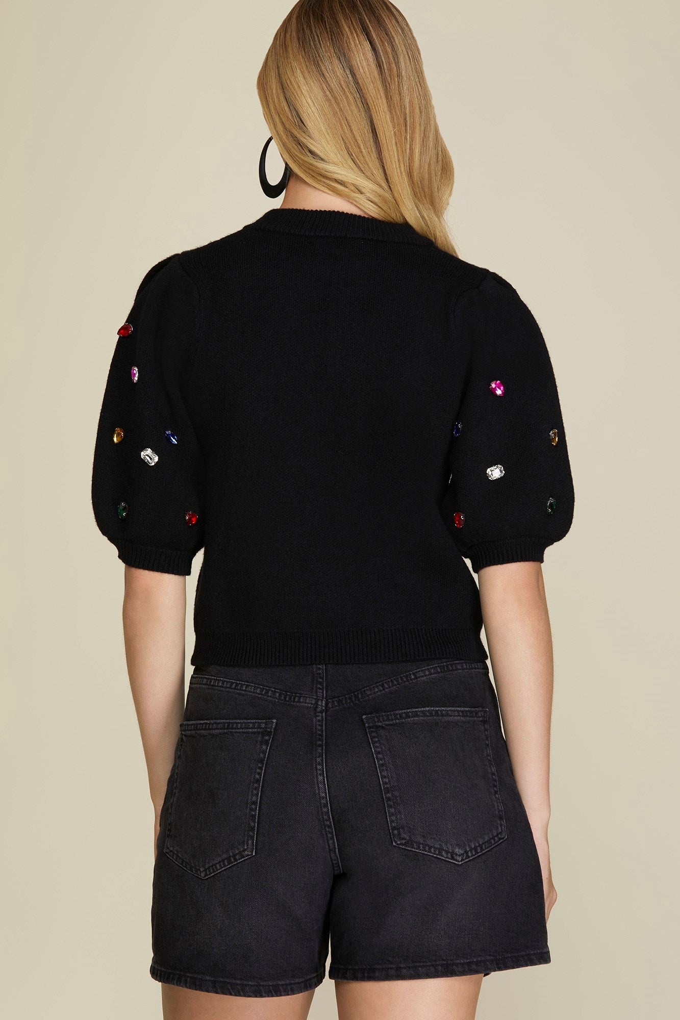 Black puffer sleeve crystal embellishment sweater top