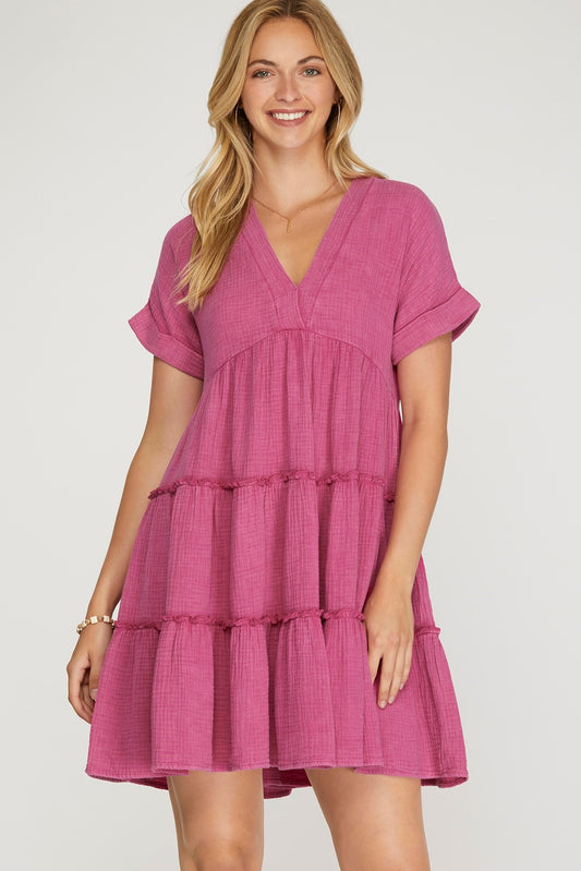 Drop Shoulder Sleeve Washed Gaze Tiered Dress