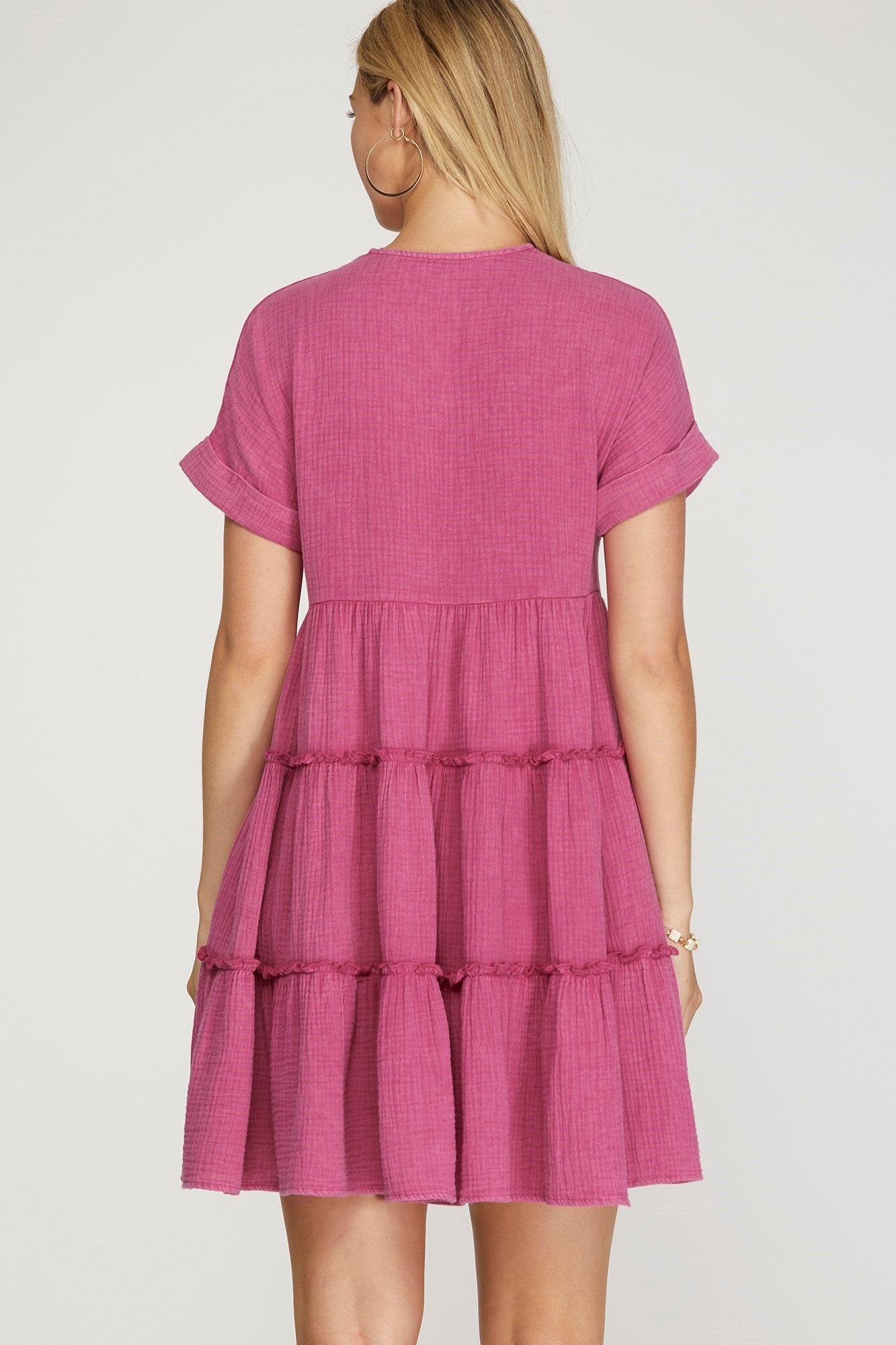 Drop Shoulder Sleeve Washed Gaze Tiered Dress