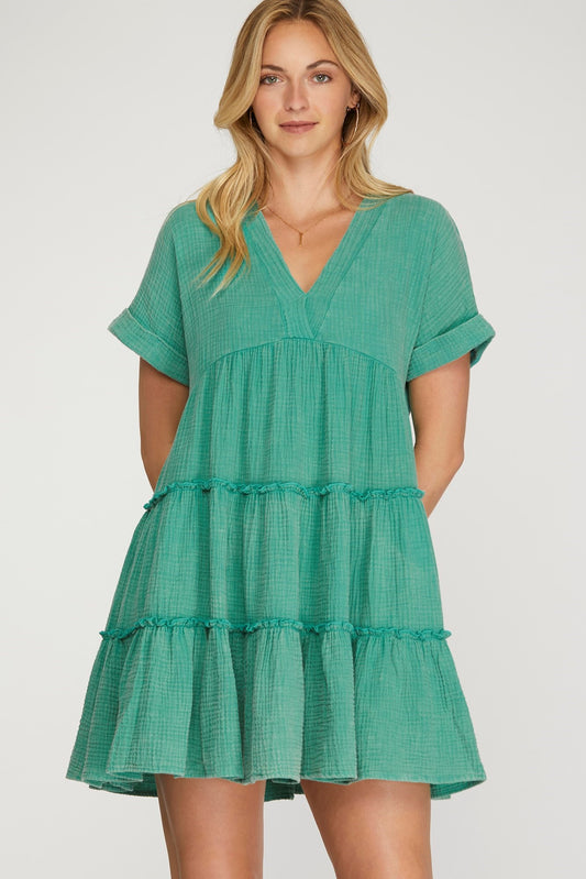 Drop Shoulder Sleeve Washed Gaze Tiered Dress