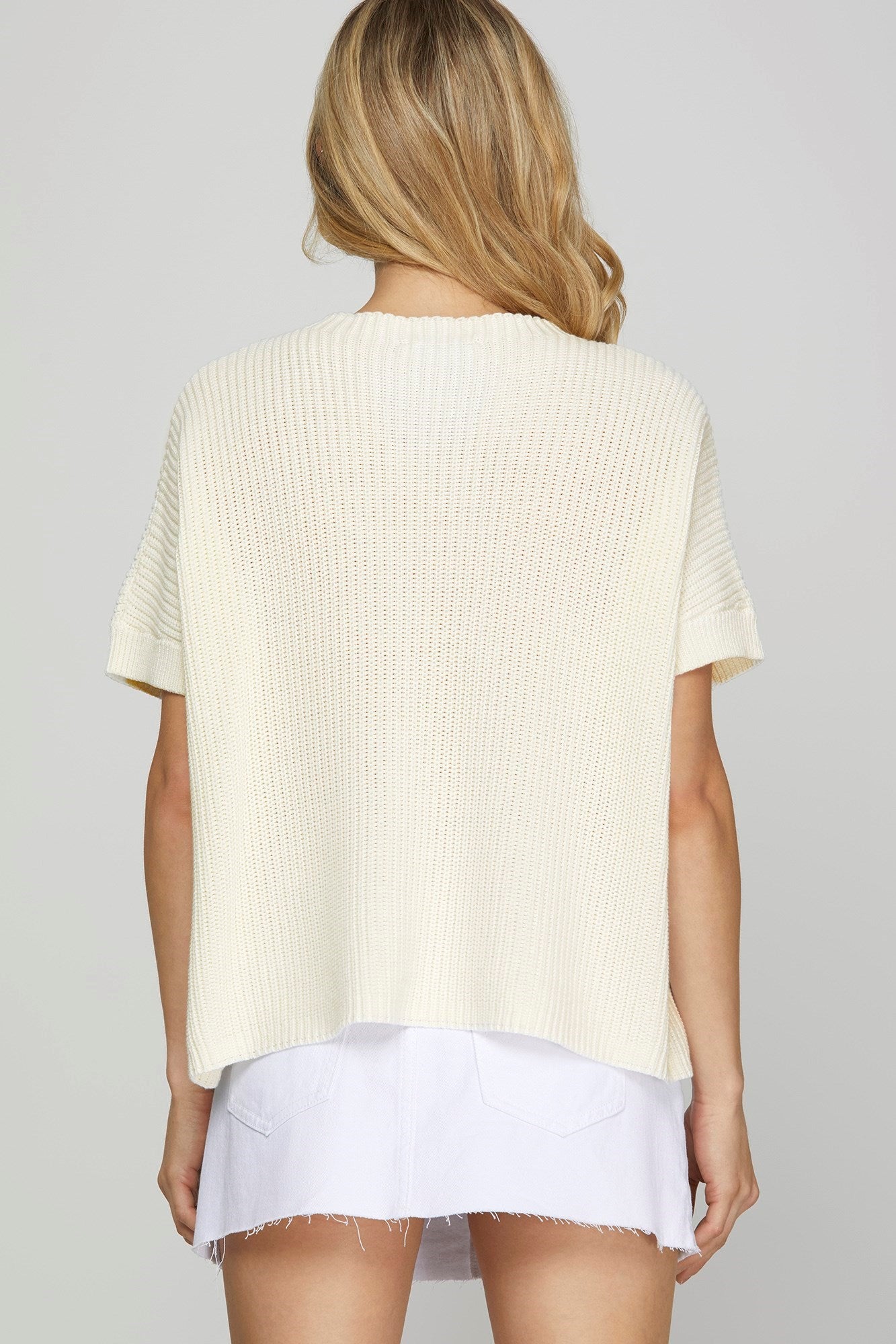 Drop Shoulder Short Sleeve Sweater with Pocket