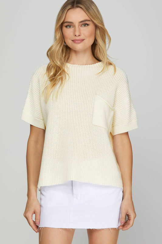 Drop Shoulder Short Sleeve Sweater with Pocket