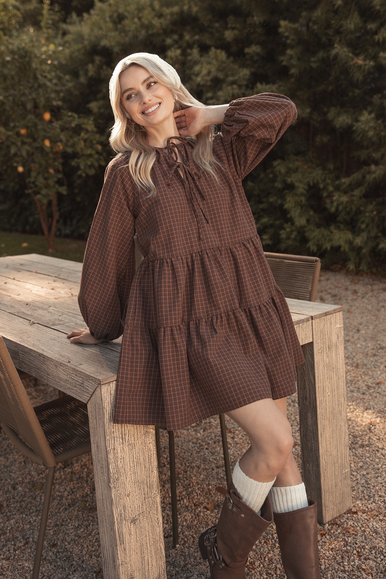 Long Sleeve Plaid Dress with Bows