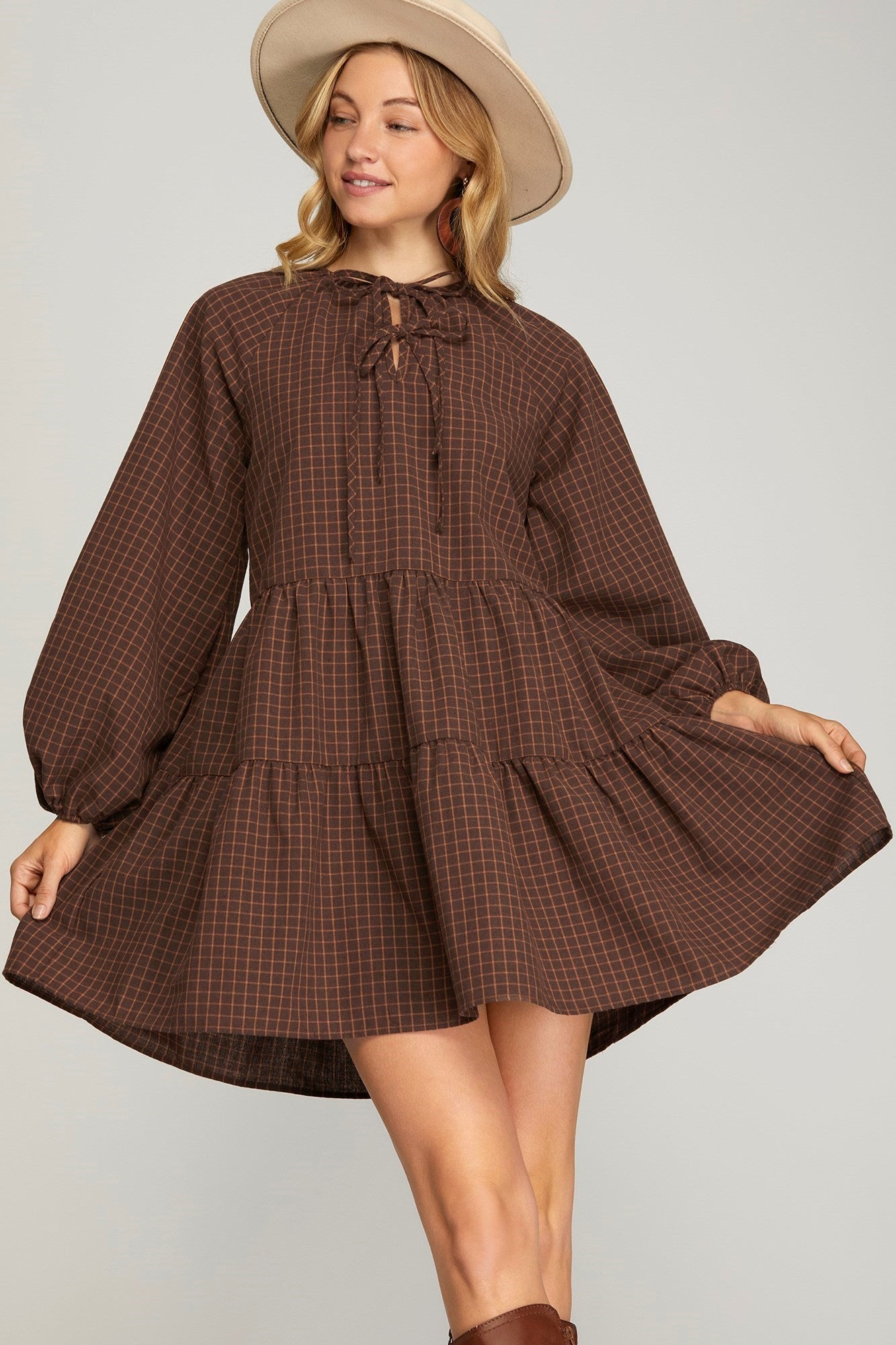 Long Sleeve Plaid Dress with Bows