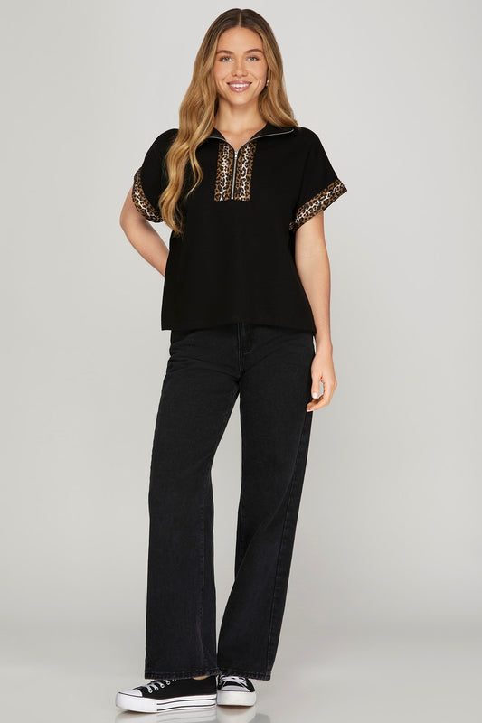 🖤 Leopard Trim Quarter-Zip Top