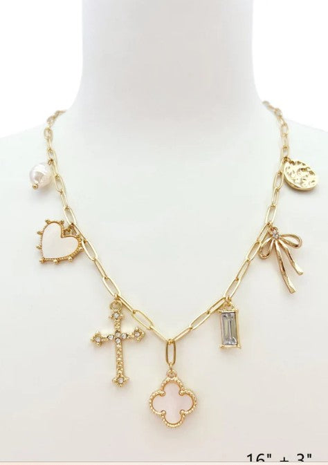 Gold Chain with Clover, Heart, Bow,
