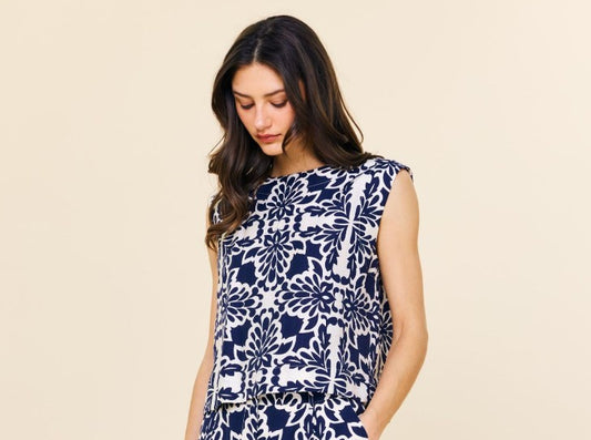 Navy & Ivory Floral Sleeveless Top
