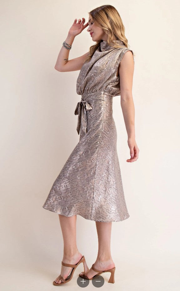 Mock Neck Metalic Pythonic Print Dress