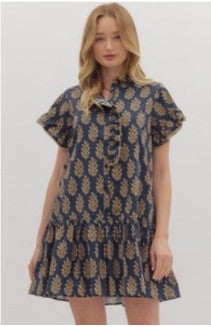 Navy and Gold Print Ruffle Hem Dress