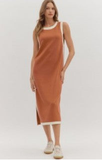 Rust Sleeveless Knit Midi Dress