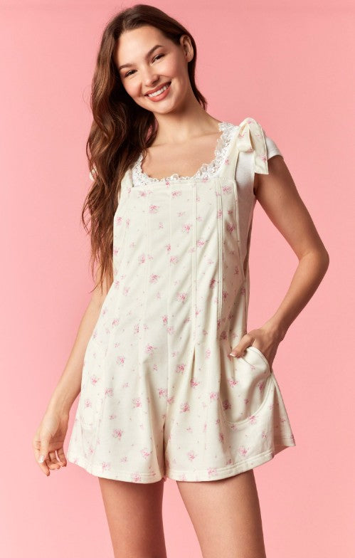 Floral Printed French Terry Bow Tie Strap Romper
