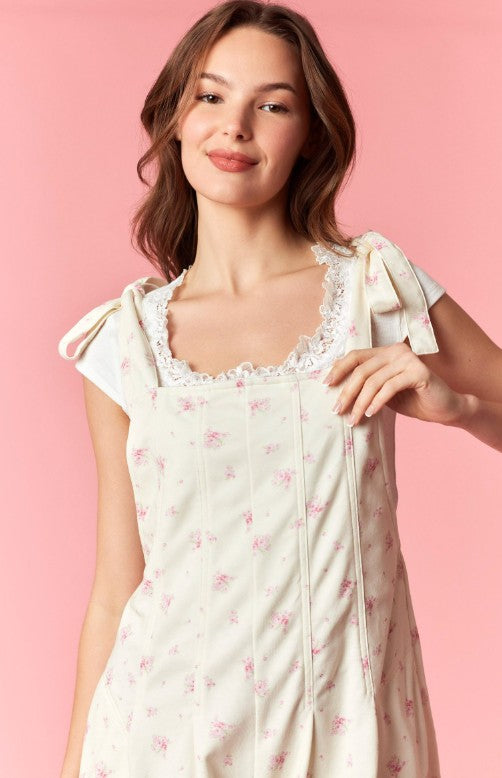 Floral Printed French Terry Bow Tie Strap Romper