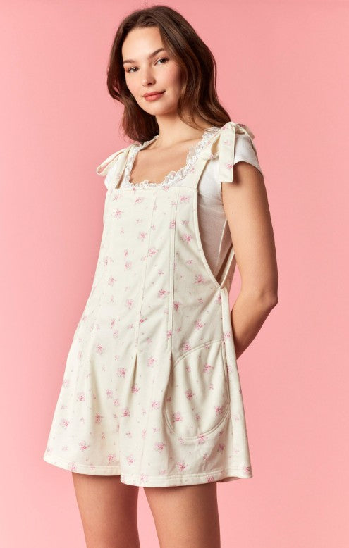 Floral Printed French Terry Bow Tie Strap Romper