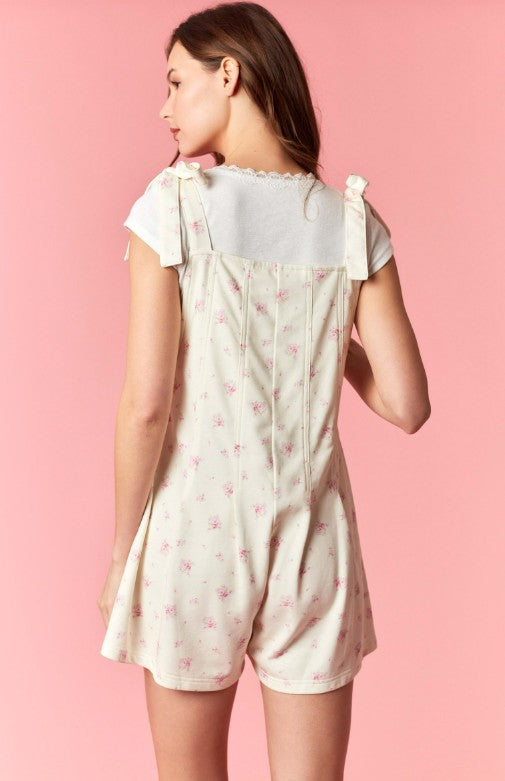 Floral Printed French Terry Bow Tie Strap Romper