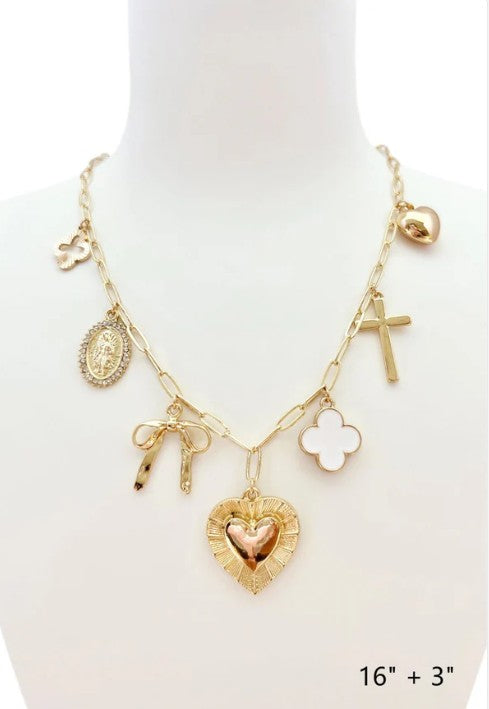 Gold Chain with Clover, Heart, Bow