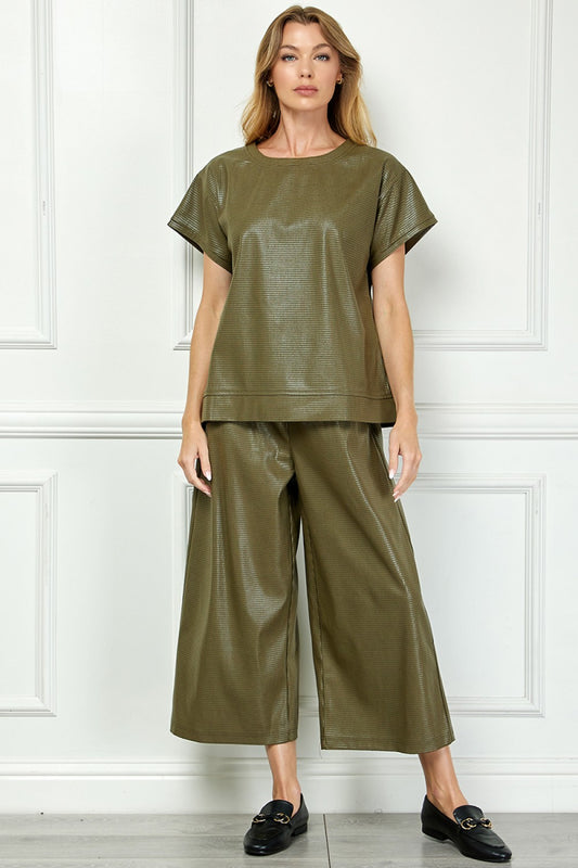 Olive Faux Leather Short Sleeve Tops