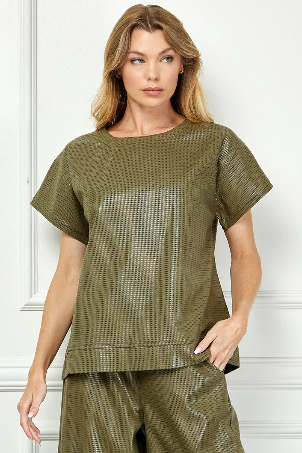 Olive Faux Leather Short Sleeve Tops