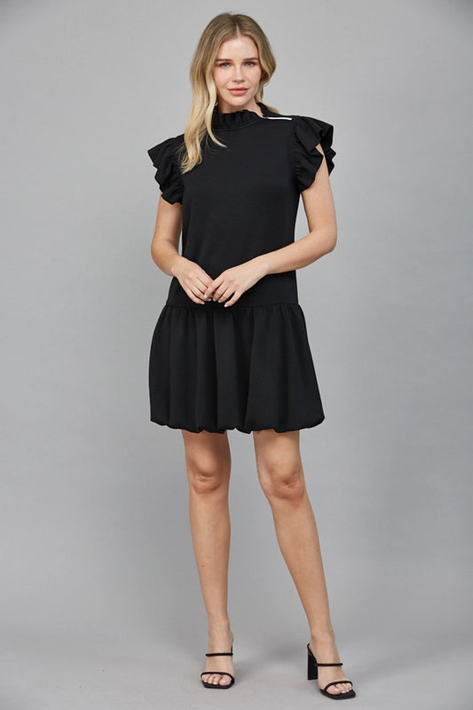 Zip Trim Ruffle High Neck Bubble Hem Dress