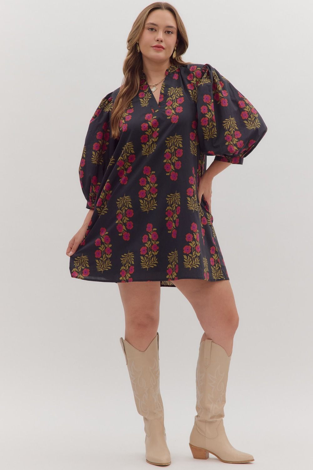 Midnight Meadow Floral Puff Sleeve Dress