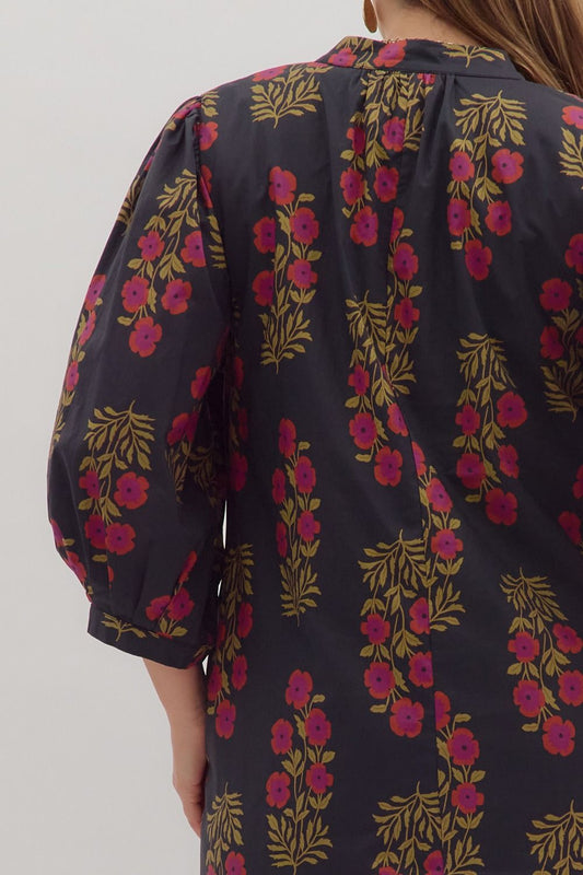 Midnight Meadow Floral Puff Sleeve Dress