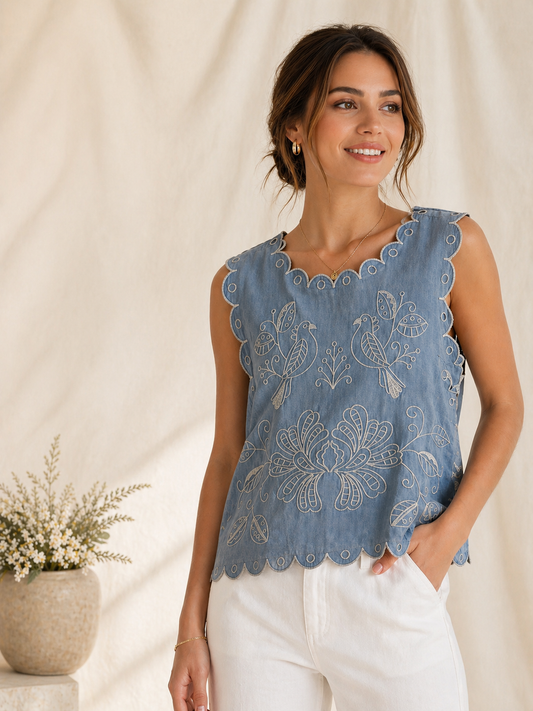 Bluebird Scallop Embroidered Top
