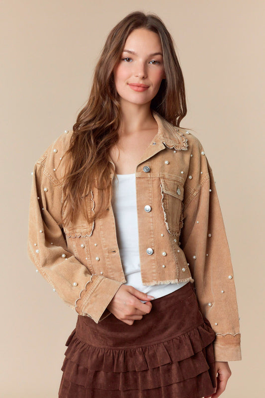 Pearl with Scallop Embroidery Detail Washed Corduroy Jacket