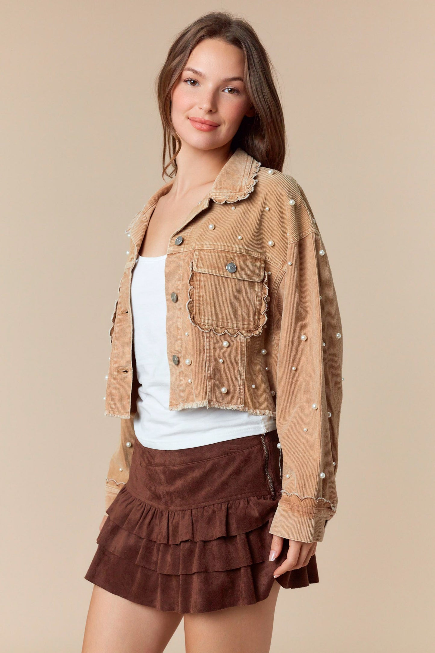 Pearl with Scallop Embroidery Detail Washed Corduroy Jacket
