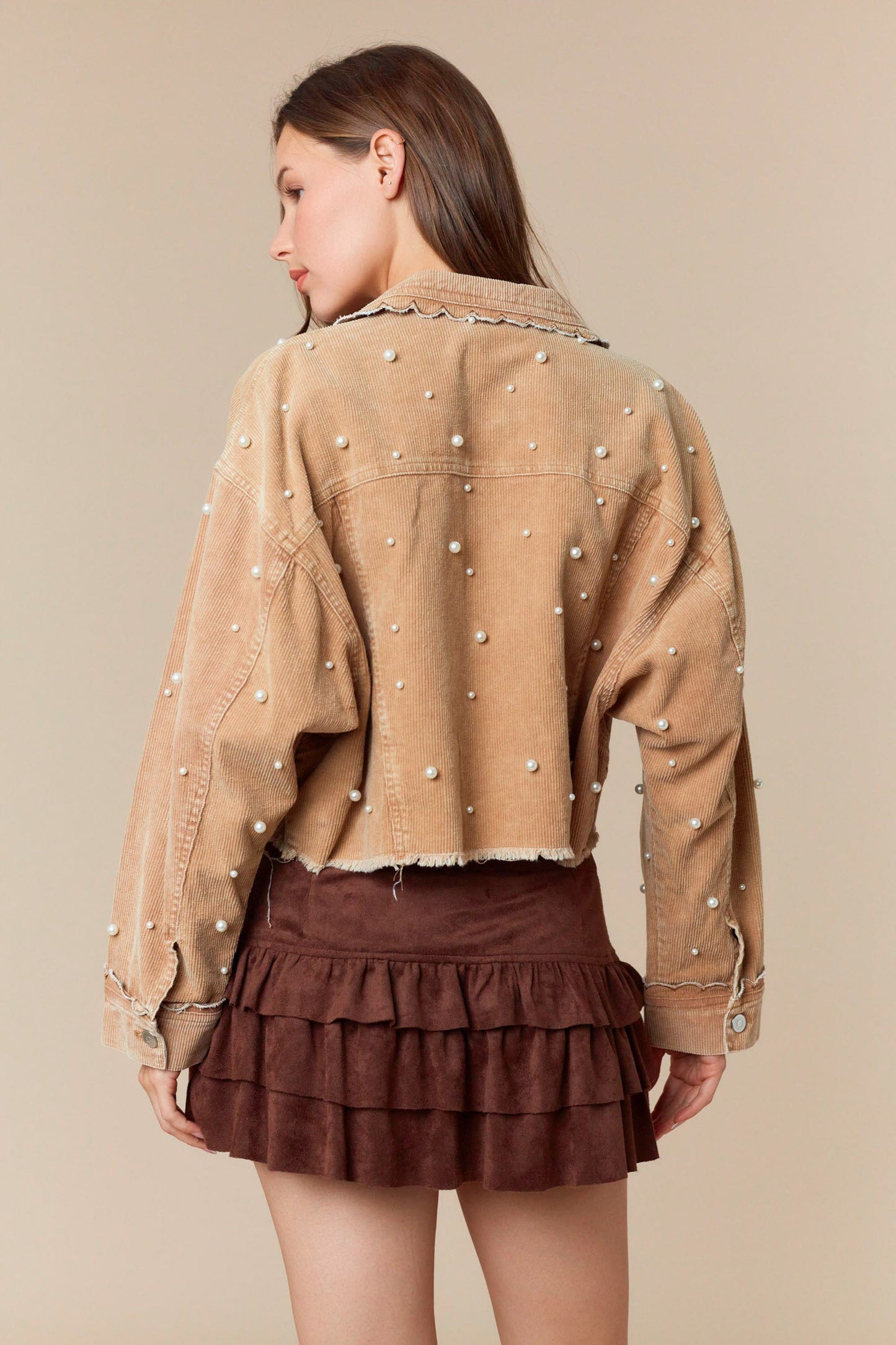 Pearl with Scallop Embroidery Detail Washed Corduroy Jacket